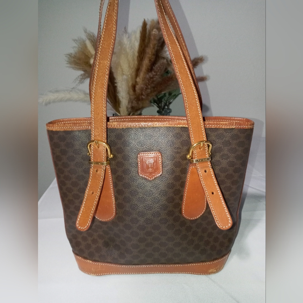 Celine Macadam Shoulder Bag with Monogram Pattern and Leather Trim